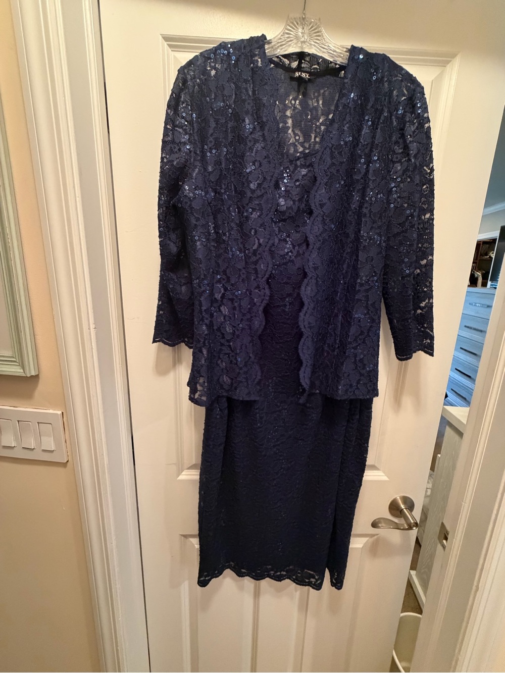 SLNY Navy Lace Sheath Dress with Lace Overlay